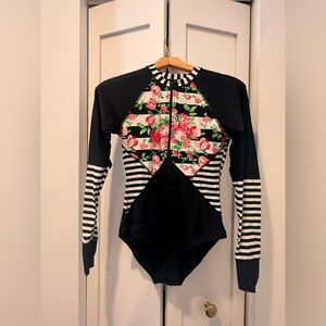 Floral and Striped Long Sleeve Swimsuit - small